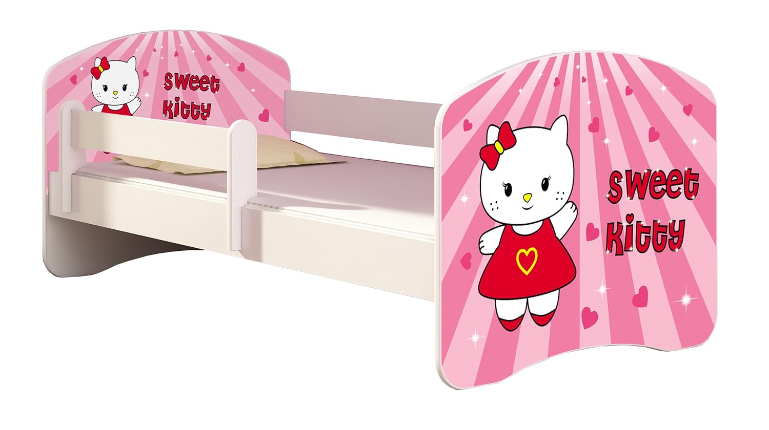 Kinderbett Jugendbett mit einer Schublade und Matratze Weiß ACMA II 140 160 180 40 Design (160x80 cm, 15 Sweet Kitty)