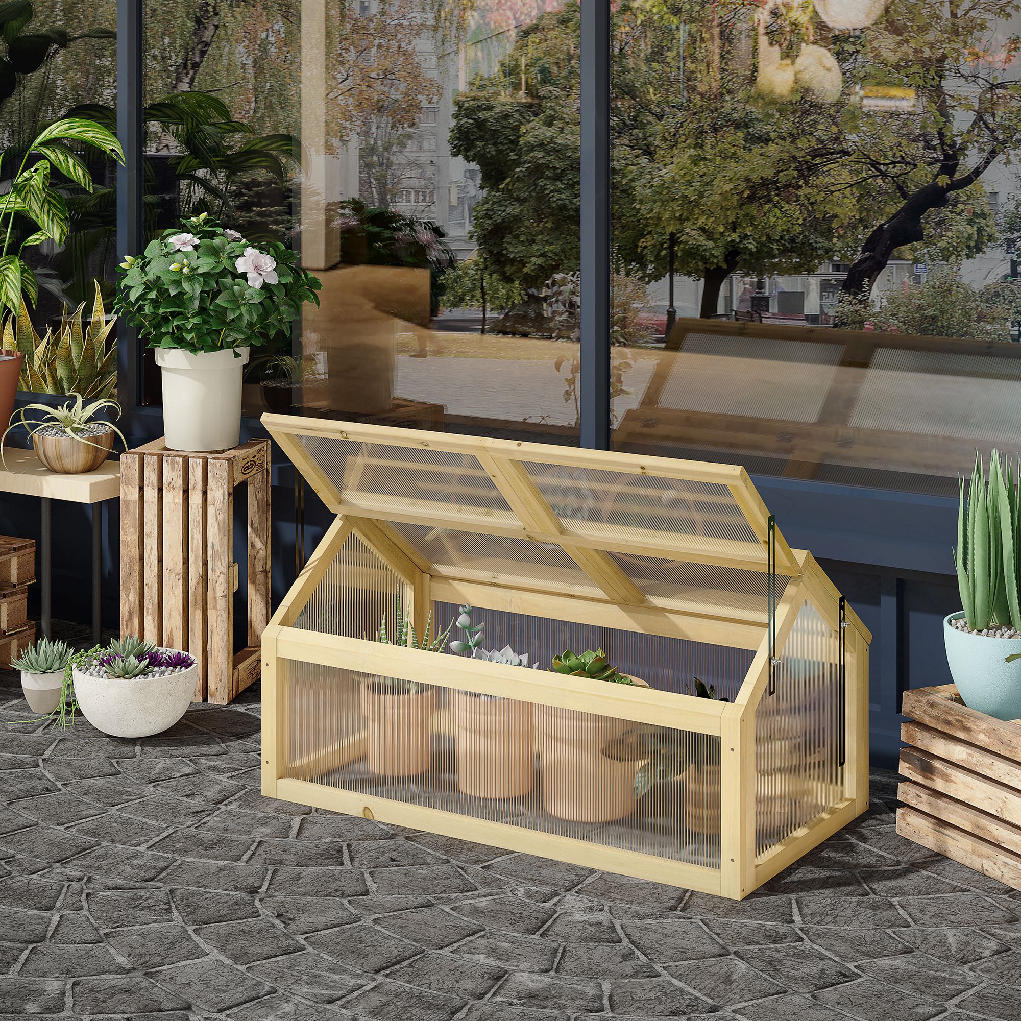Estufa de jardim Outsunny com painéis de policarbonato, viveiro urbano com 4 janelas articuladas para cultivo de plantas e flores em terraços externos, 90x48x49,5 cm, transparente.