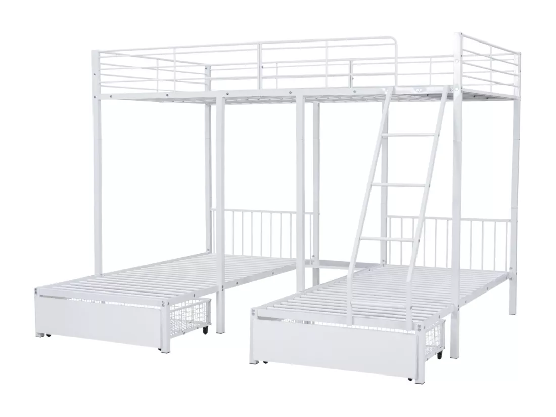 Lit superposé triple, cadre de lit métallique, 140x200cm et 2 lit 90x200cm, avec échelle et 2 tiroirs, sommier inclus, blanc