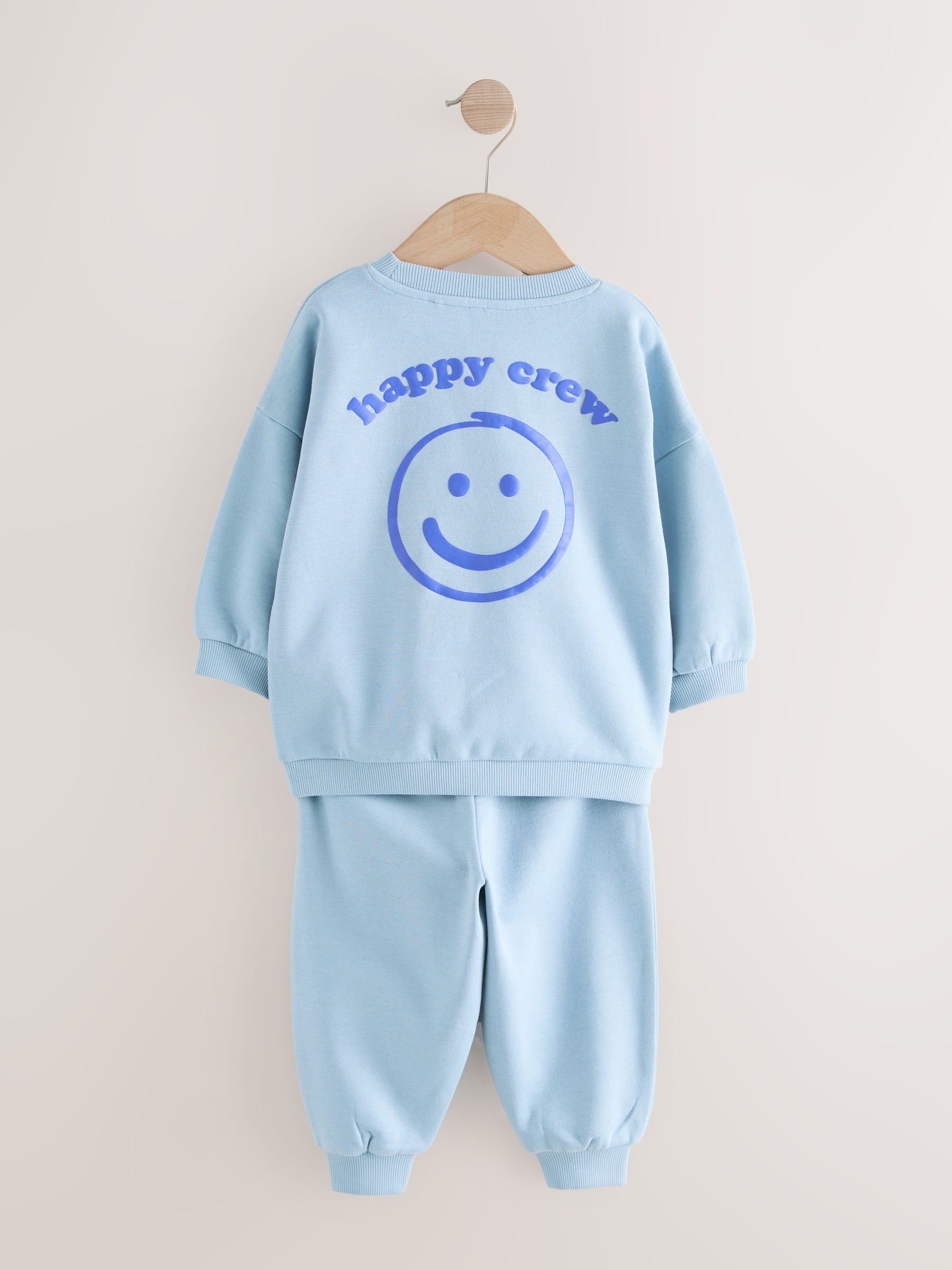 Chocoladebruin en blauw - Bedrukte set van sweater met ronde hals en joggingbroek (3mnd-7jr)