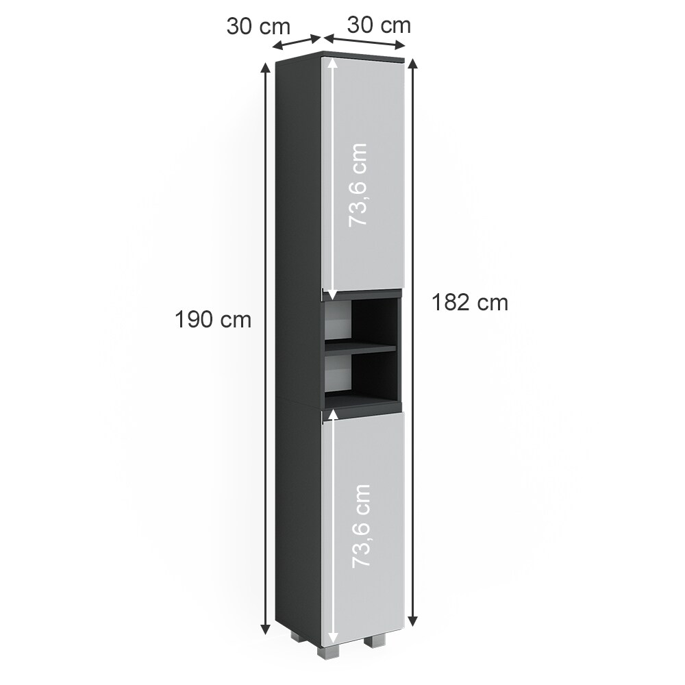 Vicco Hochschrank Badschrank Badezimmermöbel J-shape Anthrazit Weiß modern 30x190cm Badezimmer Schrank Badmöbel Schranktür Schrankfach Aufbewahrung Ablage