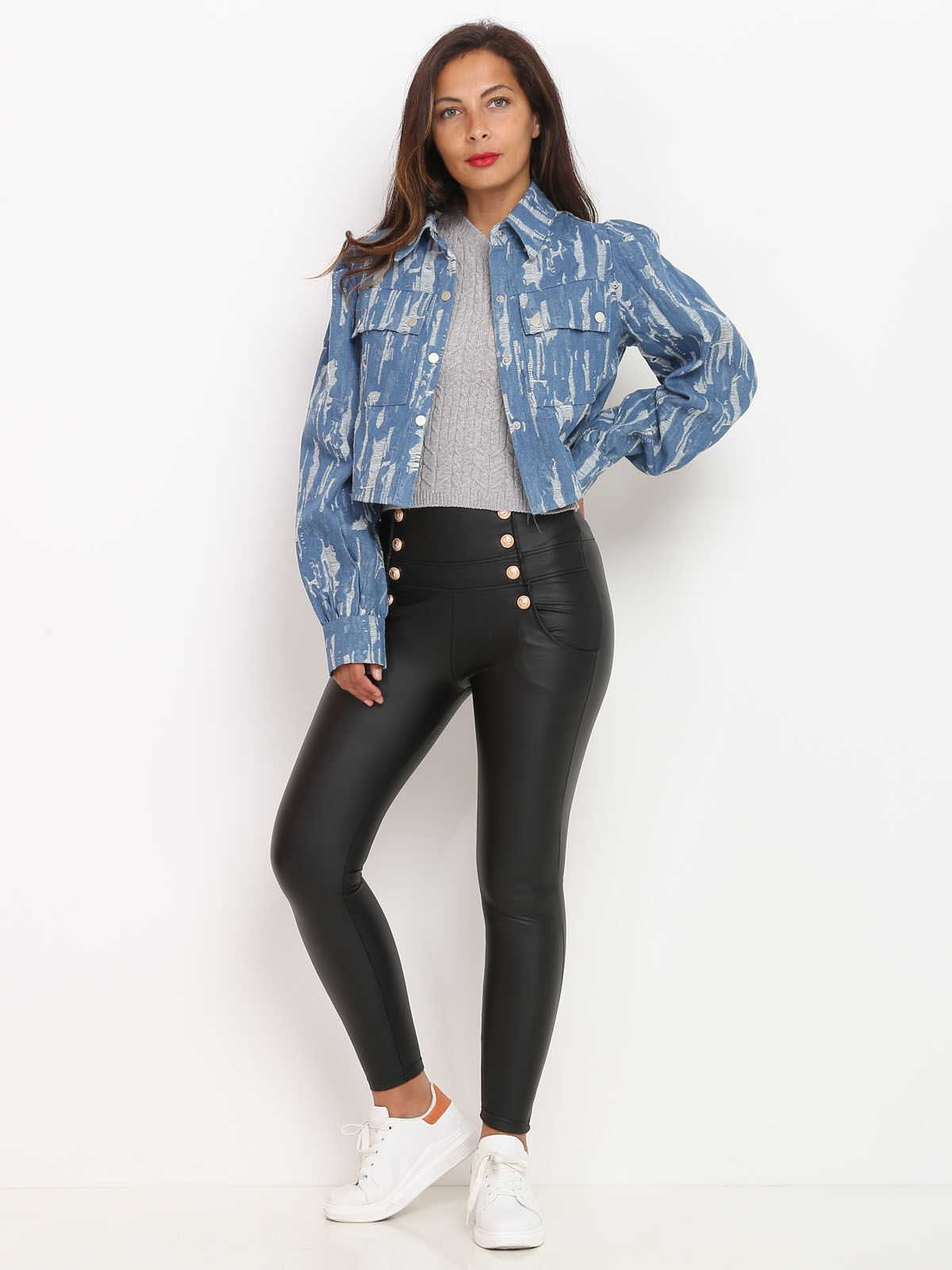Veste en jean courte effet destroy- Bleu