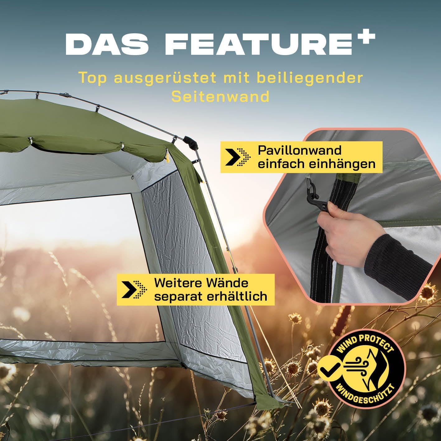 Where Tomorrow Pop up Pavillon | Faltpavillon & Partyzelt für Camping, Outdoor, Festival | stabil u. wasserabweisend | Gartenpavillon mit Insektenschutz, Sonnenschutz & Regenschutz