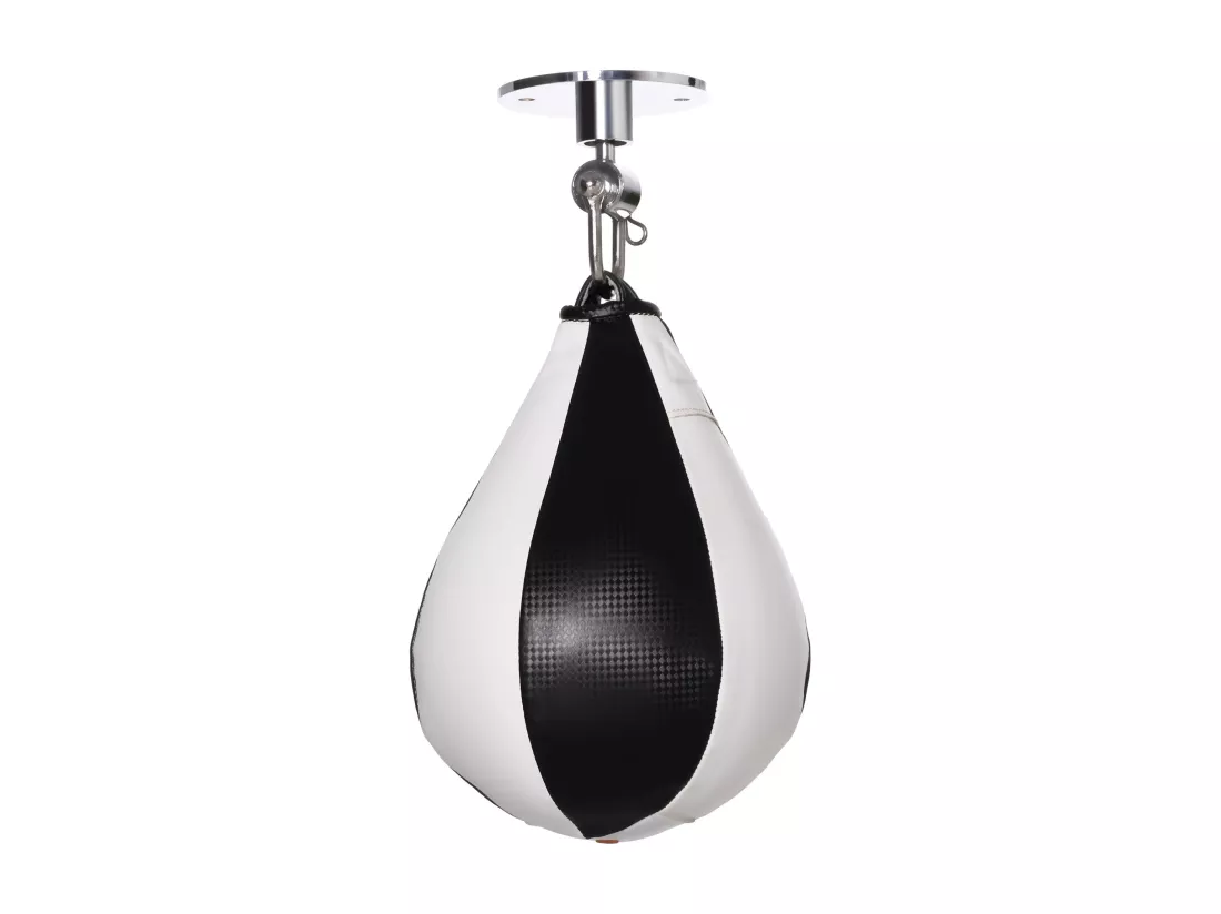 Poire de vitesse boxe pivotante 360° - crochet, pompe inclus - acier PU noir blanc