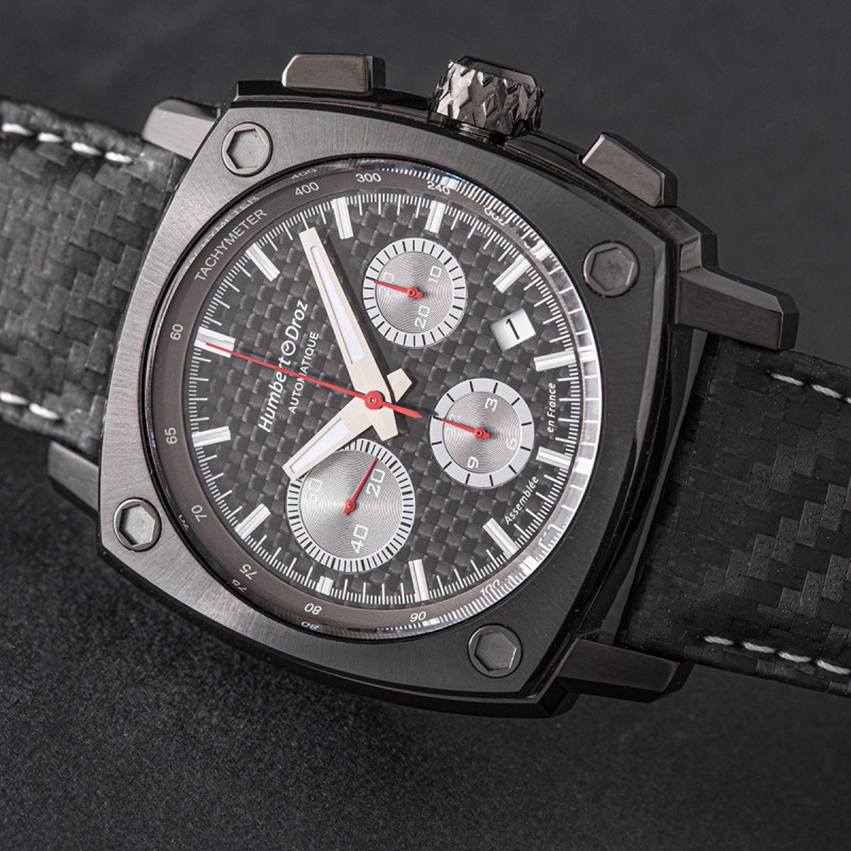 Montre HUMBERT-DROZ hd7 homme chronographe, bracelet cuir noir