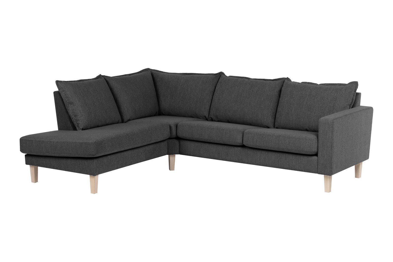 Slogen hjørnesofa Oppsett AV. 2,5-seter med åpen ende venstre. Tekstil Viva Dark Grey med soft ryggpute. Vange B og hvitpigmentert ben 178.