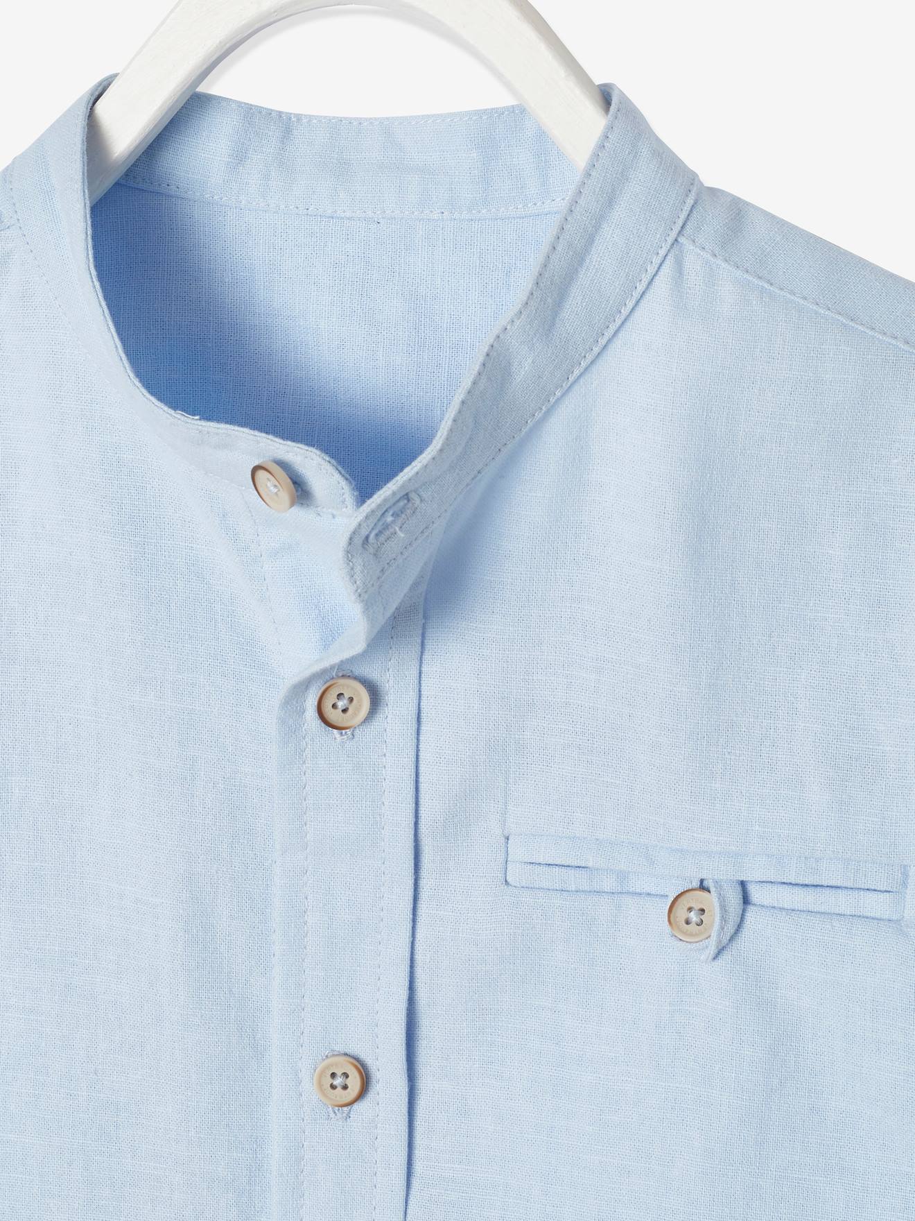 Camisa lisa branca de algodão/linho com gola mandarim e mangas curtas para meninos