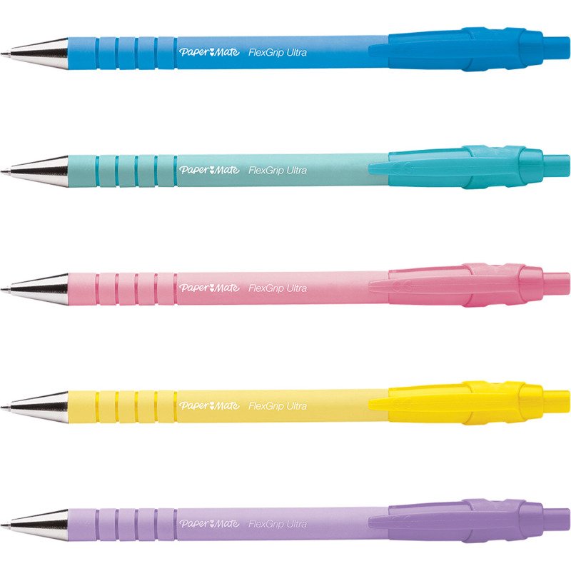 Stylo bille Paper Mate Flexgrip Ultra corps pastel rétractable pointe moyenne 1 mm  encre noire - Blister de 5