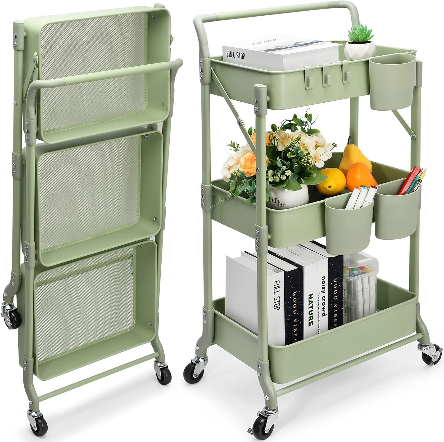 3-Tier Küchenwagen, Servierwagen, Faltbarer Metallwagen, Regal auf Rädern, Regal, Organizer, Küchenregal, Faltbarer Allzweckwagen für Küche, Bad, Büro (grün)