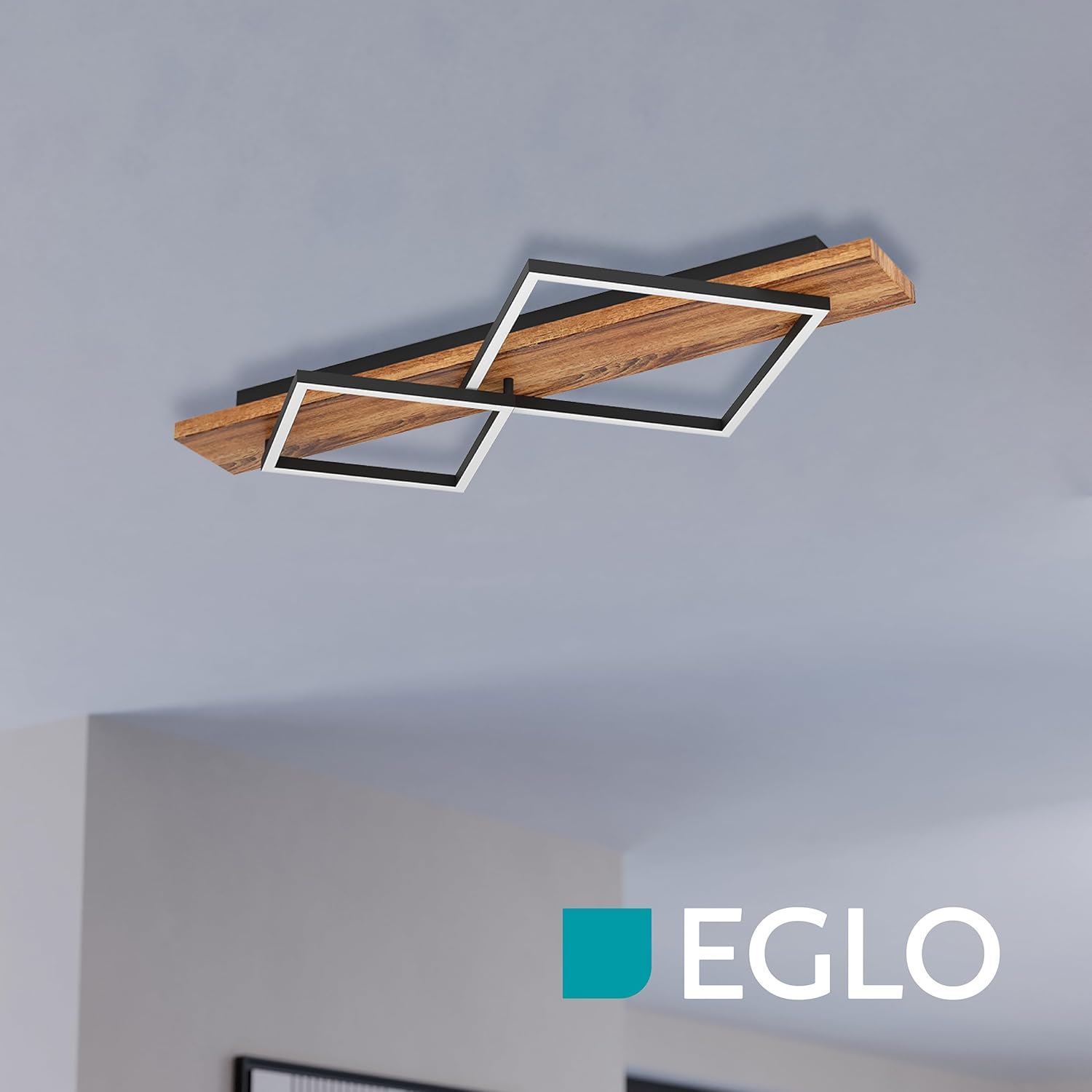 EGLO LED Deckenleuchte Boyal, Deckenlampe 2-flammig, Wohnzimmerlampe aus rustikalem Holz und schwarzem Metall, Lampe Decke FSC zertifiziert, warmweiß, 78 cm