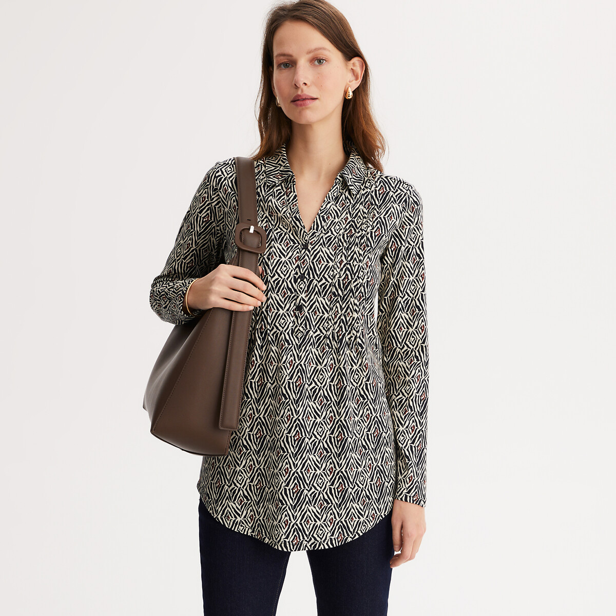 ANNE WEYBURN<br>Camiseta com gola polo, estilo túnica, mangas compridas