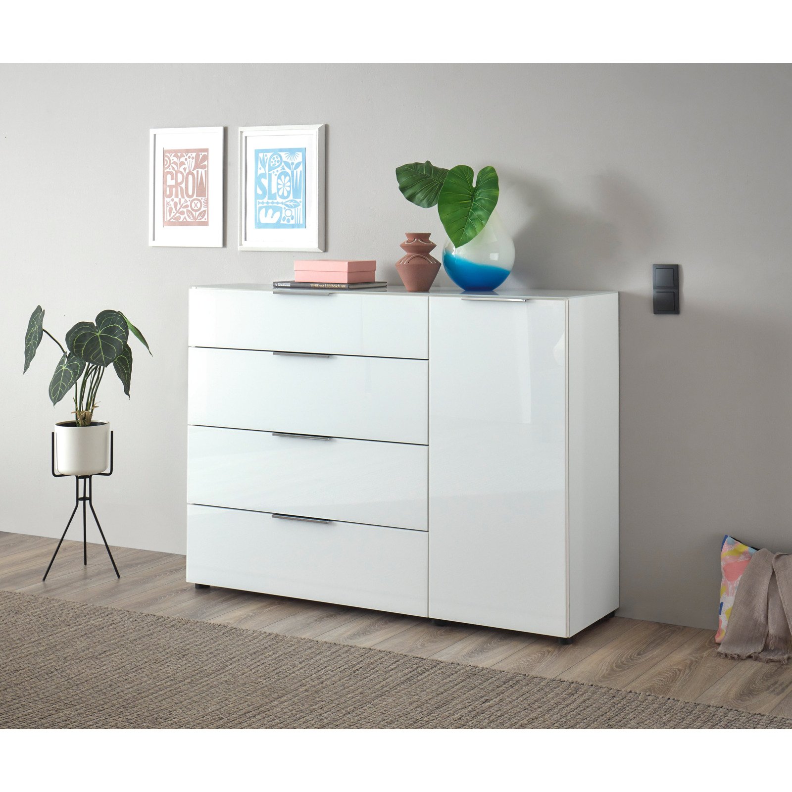 Kommode Santo, Spanplatte Glas weiss, 135 x 99 x 40 cm