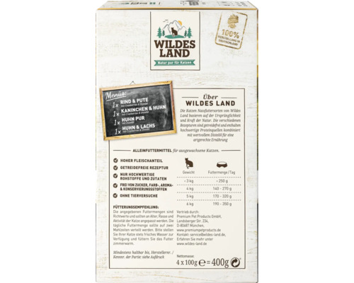 WILDES LAND natvoer voor katten, proefverpakking met 4 zakjes, multipack 4 x 100 g, vis, gevogelte, konijn, rund- en kalfsvlees met waardevolle superfoods, graanvrij, glutenvrij, 400 g