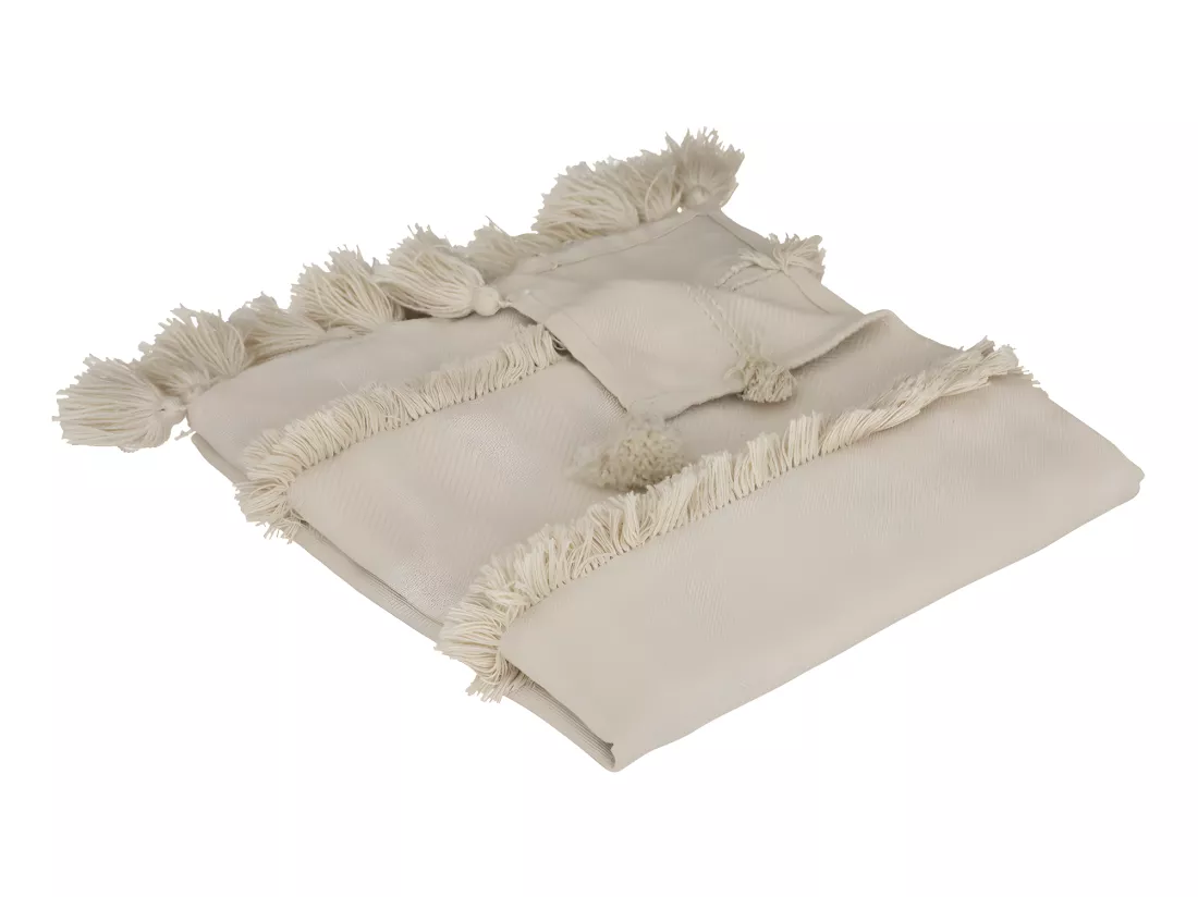 Jeté de Lit Beige motif Tuftés et Pompons sur les cotés 130 x 180 cm