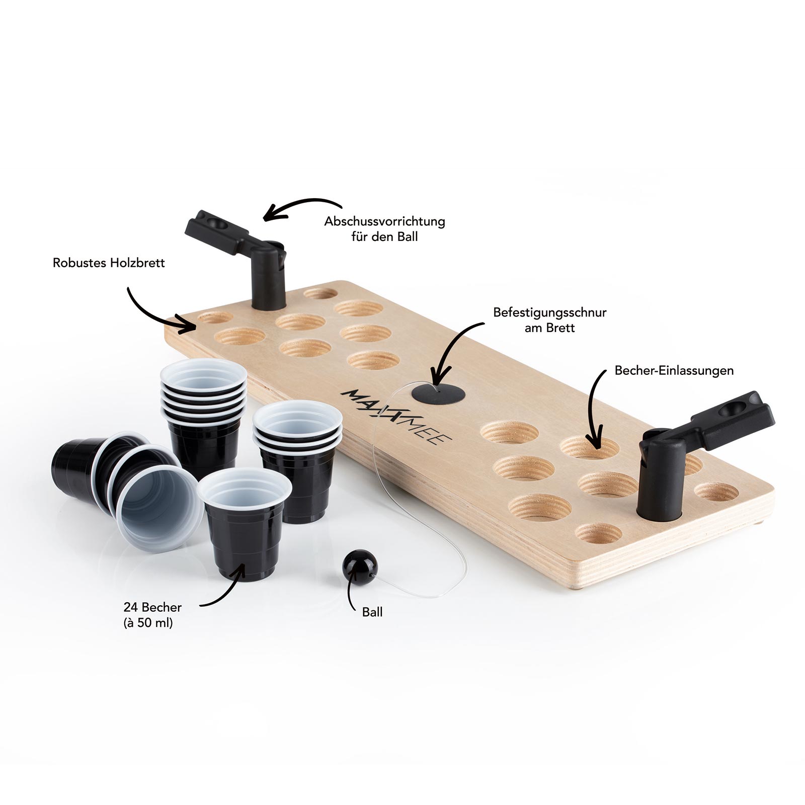 MAXXMEE Tischspiel Bier Pong - holzfarben-schwarz - Holzbrett - Ball mit Seil - 24 Trinkbecher