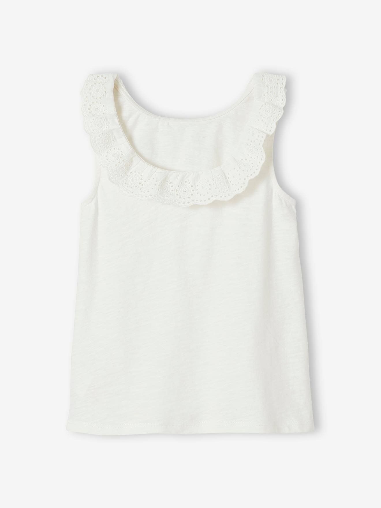 Camiseta sem mangas com gola de babados bordada em estilo inglês, para meninas, lisa, tamanho médio, branca.