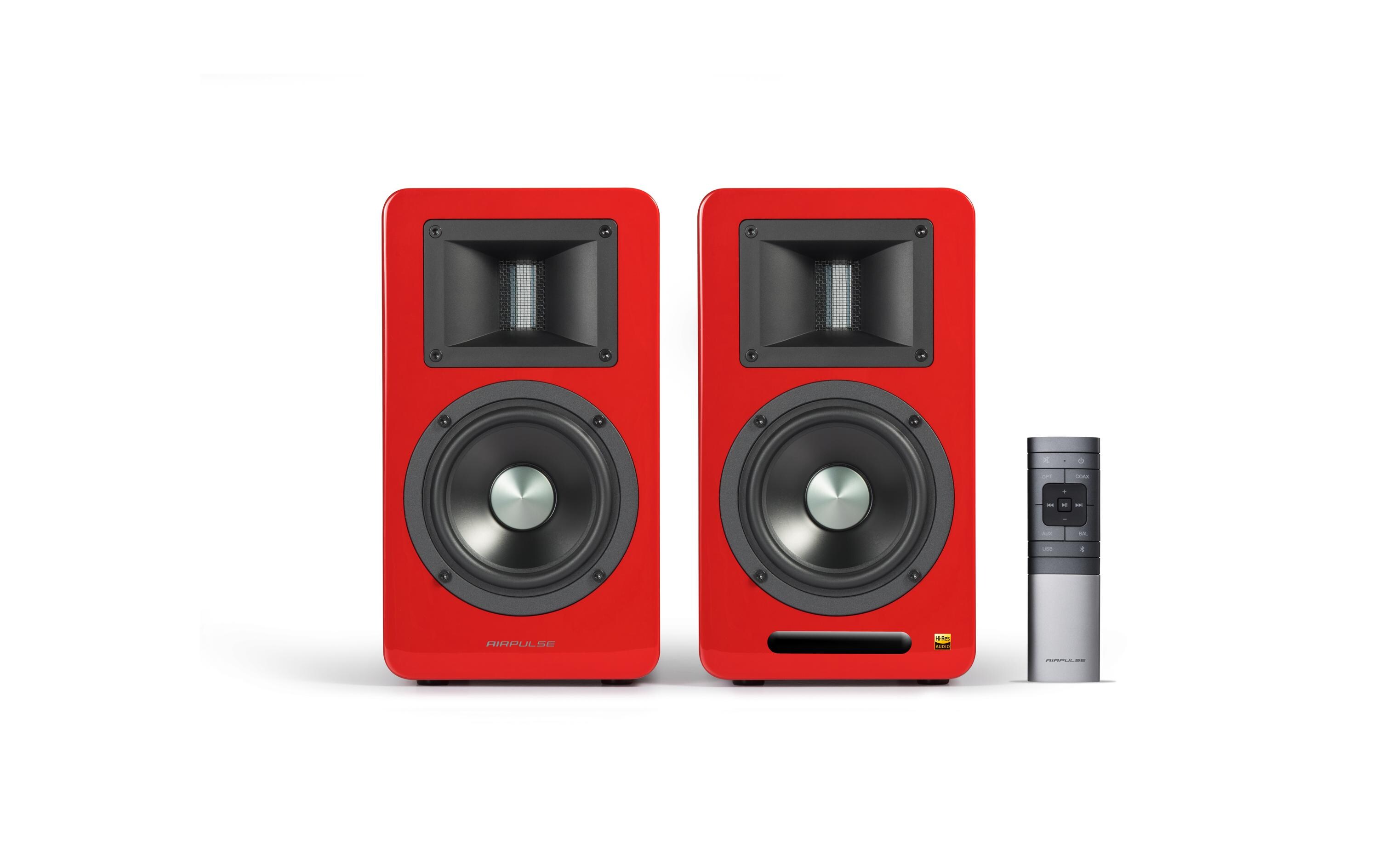 Regallautsprecher Paar Airpulse A100 Rot<br>Hi-Res Aktivlautsprecher mit Bluetooth und vielen Anschlüssen