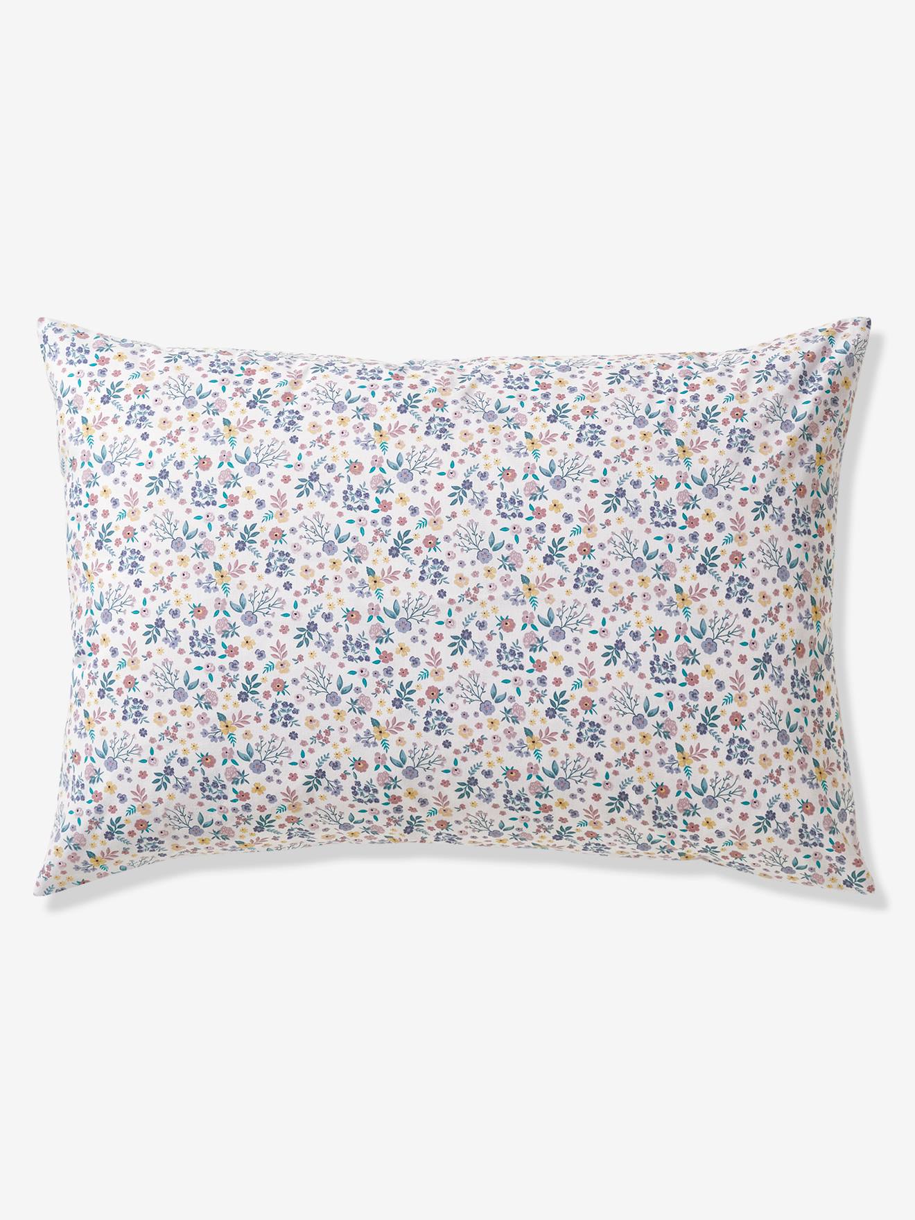 Conjunto infantil de capa de edredom e fronha, liso em branco claro e lilás com estampas.
