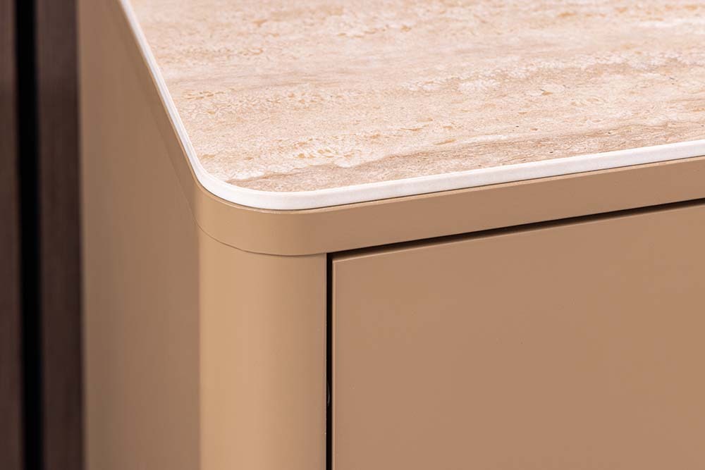 Design TV Board SAVOY 150cm grau beige greige Travertin Keramik mit Schublade 3D-Front