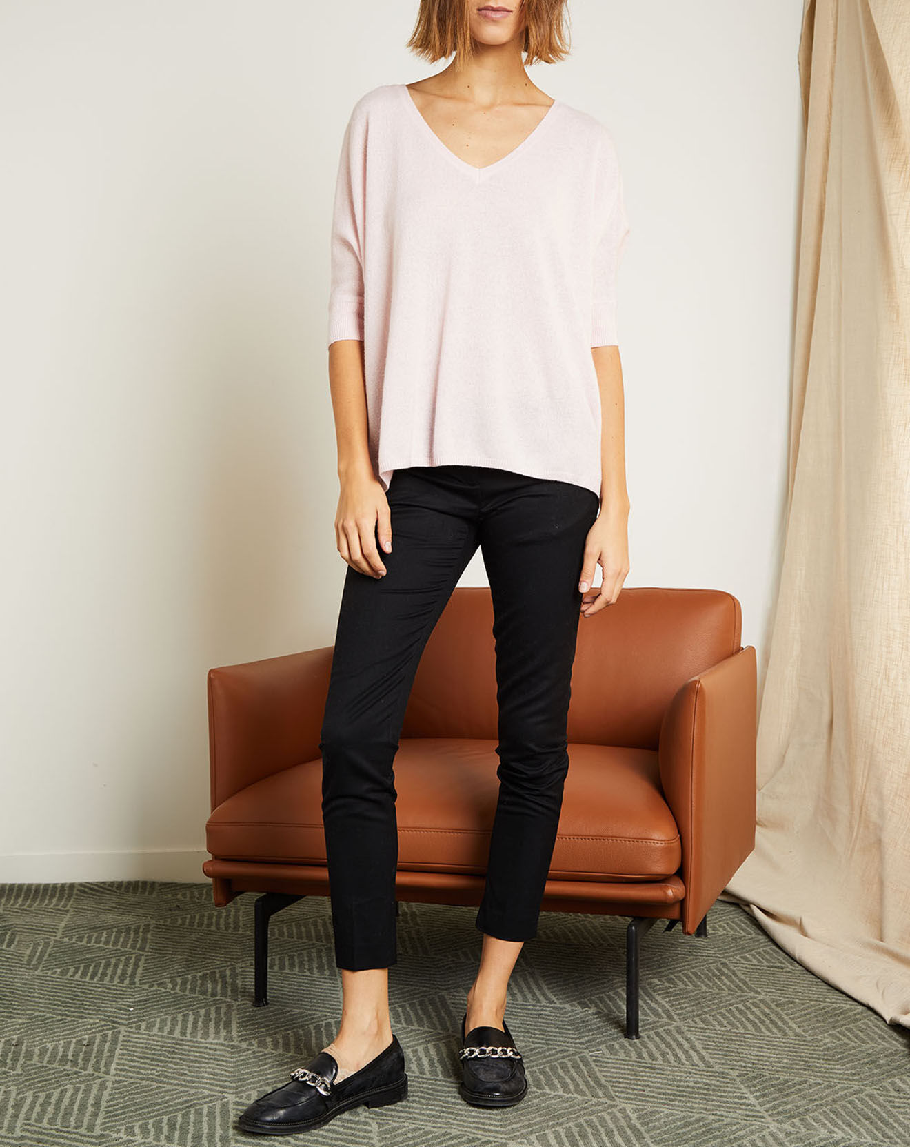 Miss Cashmere Pull poncho 100% Cachemire Marilyn Col V rose poudre