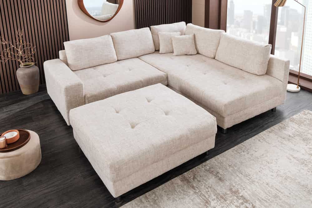 Moderne Wohnlandschaft KENT 220cm champagner beige Strickstoff Ecksofa inkl. Hocker