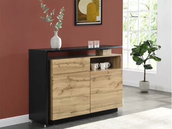 Meuble de bar pivotant avec 2 portes, 1 tiroir et 1 niche en MDF - Naturel et Noir - ELDIR