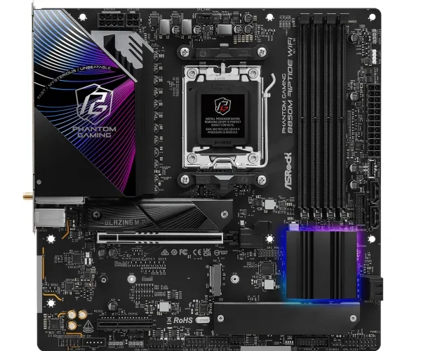 ASRock Phantom Gaming B850M RIPTIDE WIFI - Bundkort - micro ATX - Socket AM5 - AMD B850 Chipset - USB 3.2 Gen 2, USB-C 3.2 Gen2, USB 3.2 Gen 1 - 2.5 Gigabit LAN, Wi-Fi 7, Bluetooth - onboard grafik (CPU påkrævet) - HD Audio (8-kanaler)