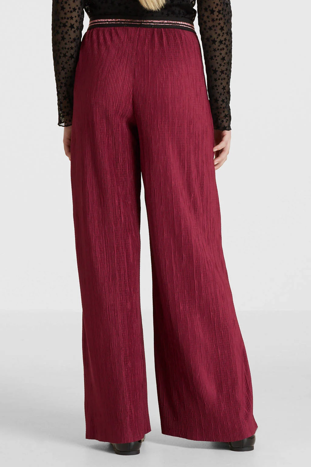 anytime plisse wide leg broek bordeauxrood