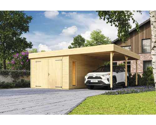 Enkele garage Outdoor Life Bahamas met draaideur inclusief dakopbouw 660 x 540 cm naturel