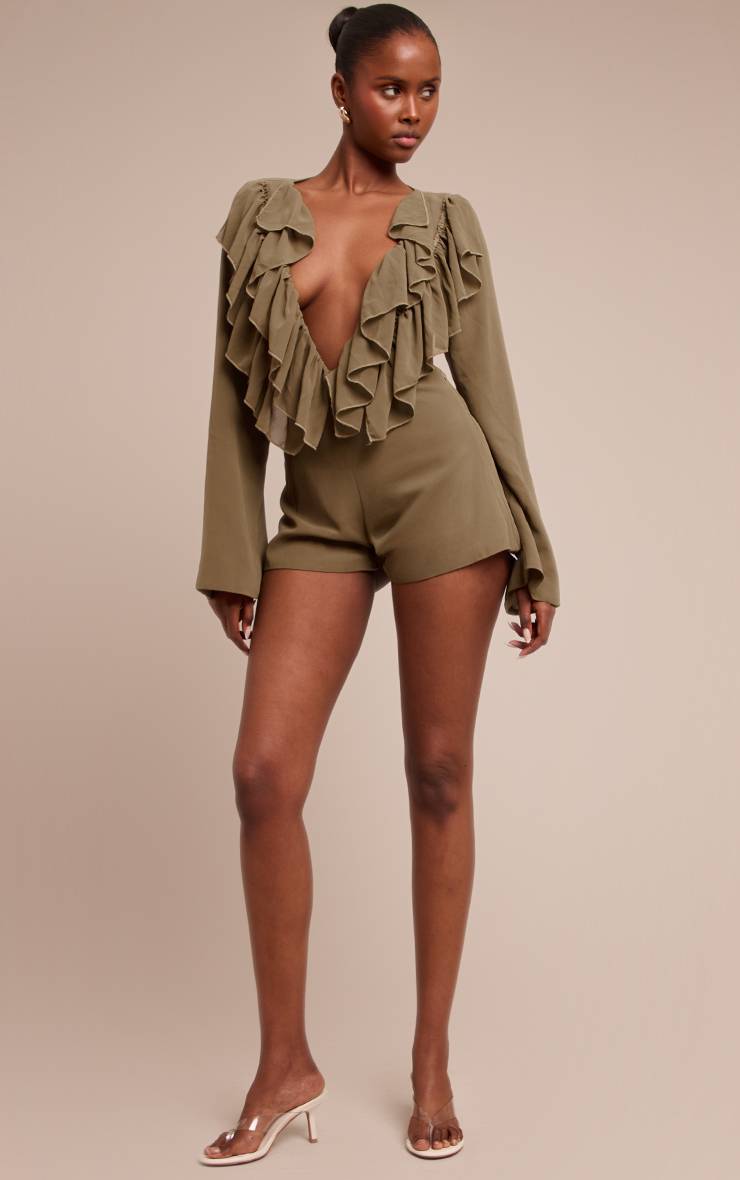 Vert Olive Combinaison-short Col V À Détails Volantés