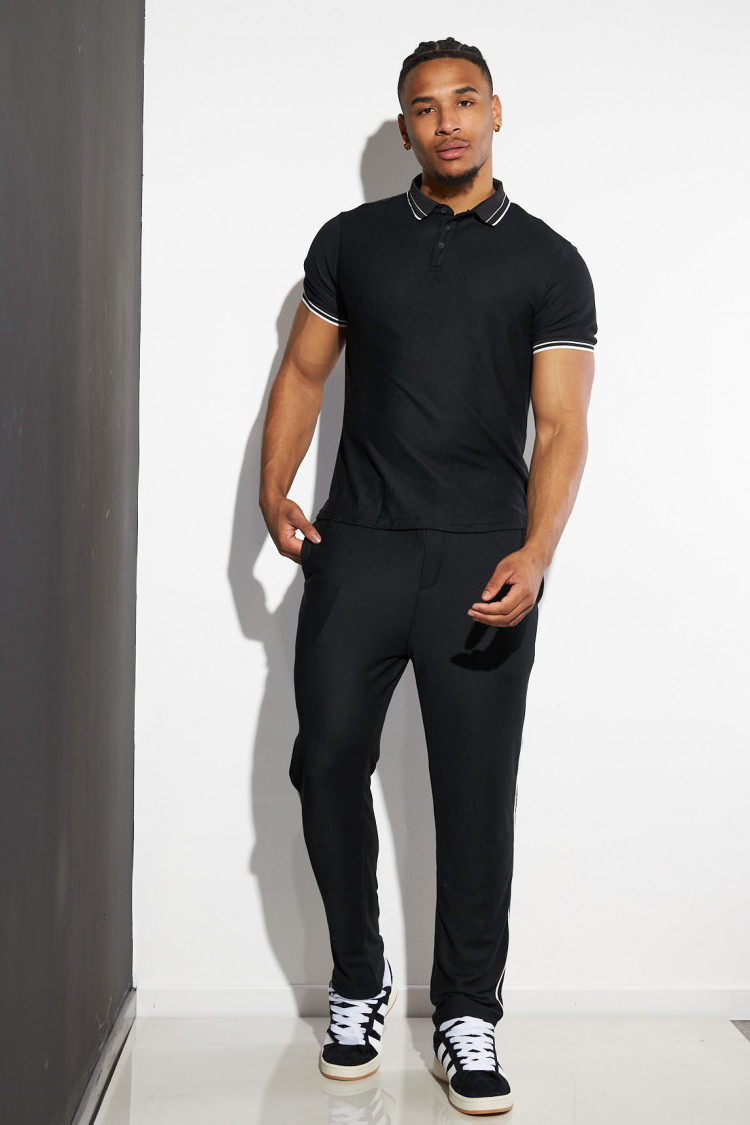Ensemble 2 pièces polo + pantalon noir à détail blanc