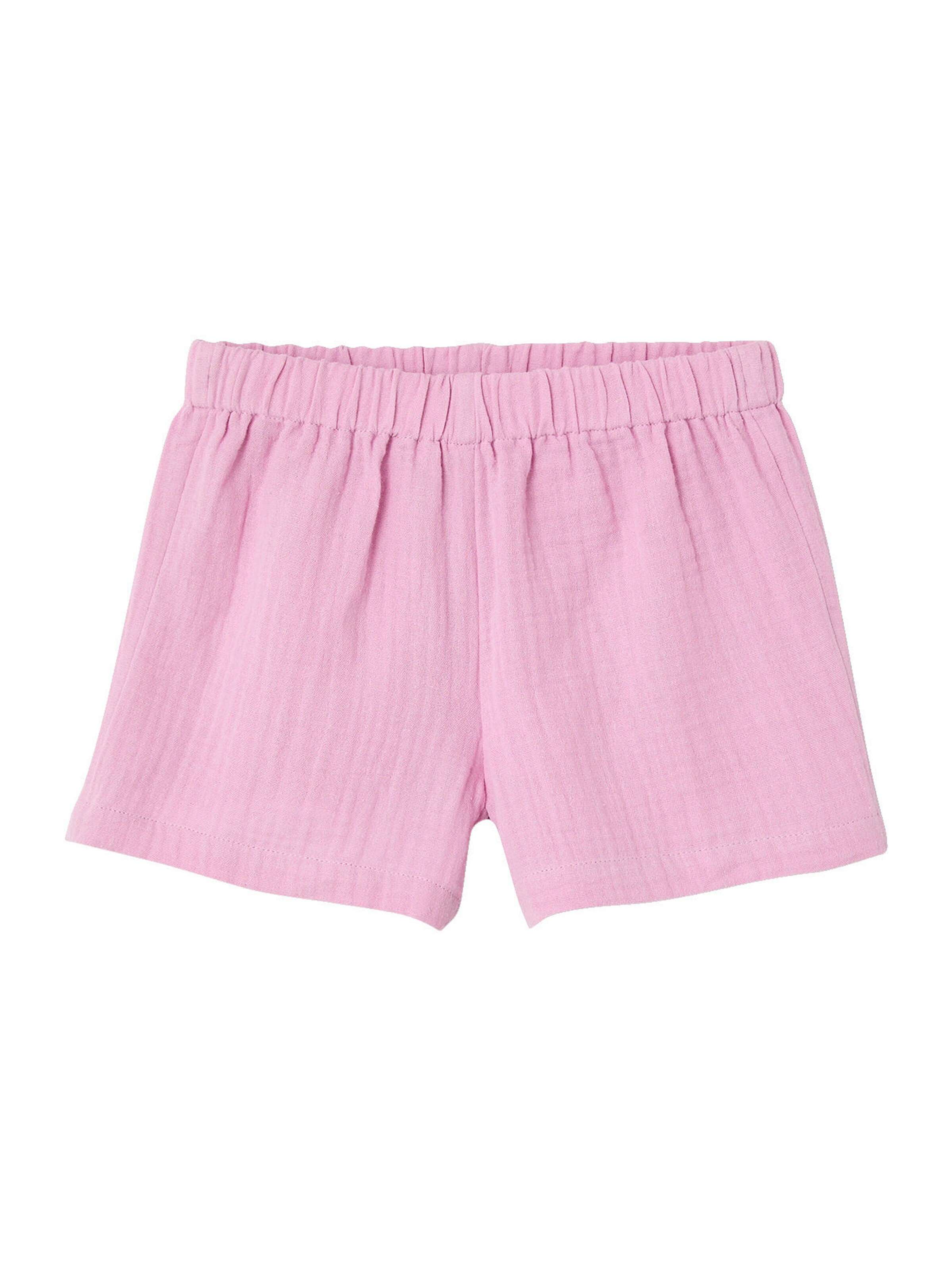 Vertbaudet Mädchen-Set: geblümte Bluse & Musselin-Shorts hellbeige/leo+rosa