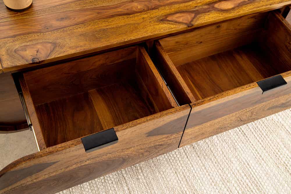 Hängendes TV-Board ORGANIC 160cm braun stone finish Sheeshamholz massiv mit Schubladen