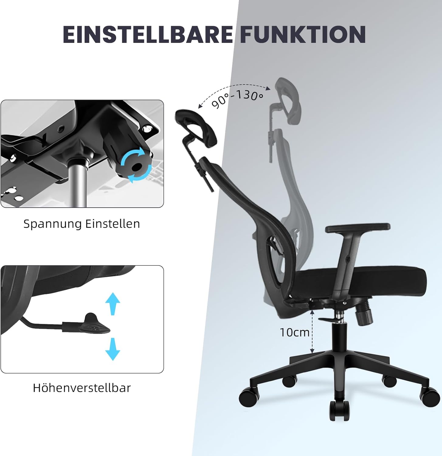 Ergonomischer Bürostuhl, Schreibtischstuhl Höhenverstellbar, Drehstuhl mit Verstellbarer Lendenwirbelstütze und Kopfstütze, 90°-130°Liegefunktion, Bürostuhl bis 150 kg Belastbar, Schwarz