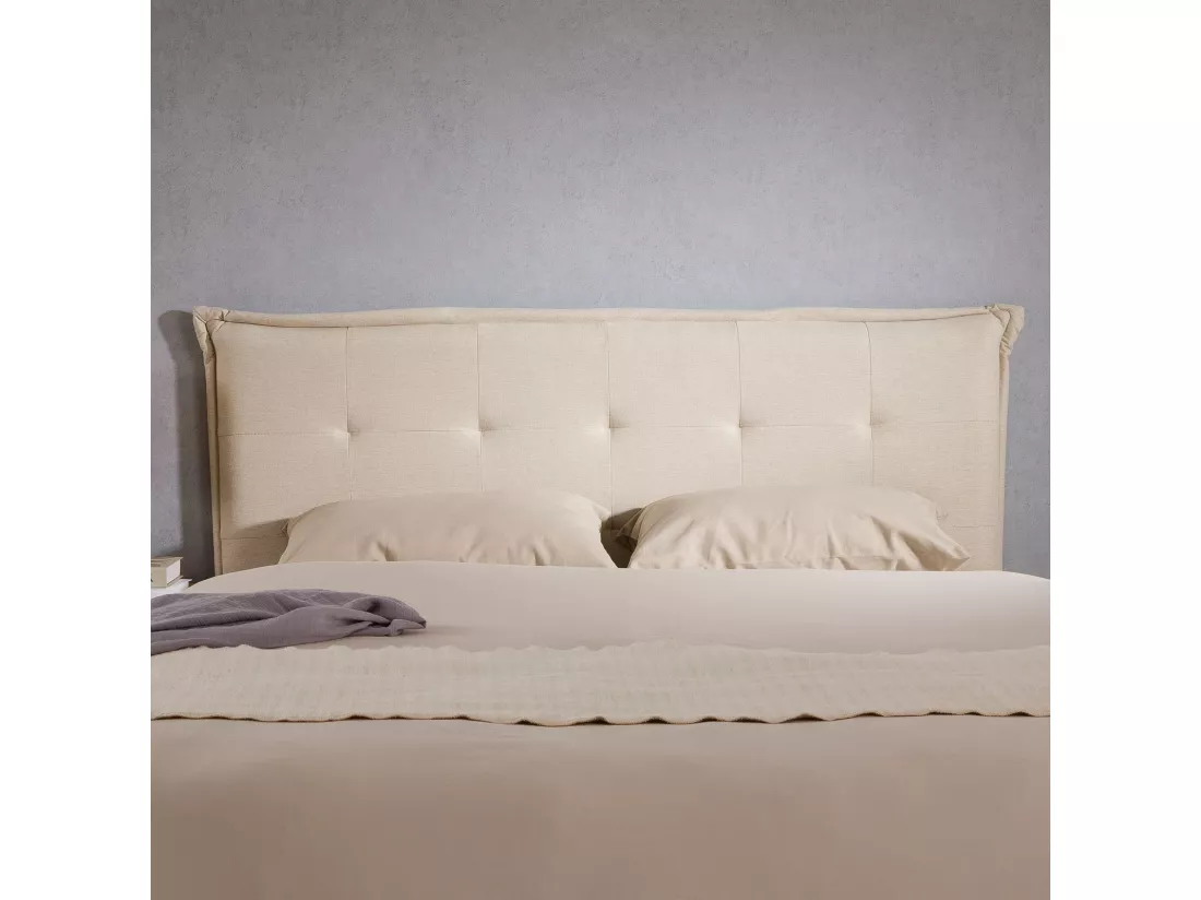 Tête de lit ZELOX 160 capitonnée, En tissu rembourré, Pieds en bois, Design élégant, Pour lits 160 cm, Écru