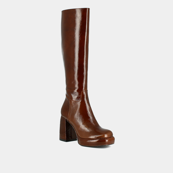 Bottes à talons et plateformes  en cuir brillant marron