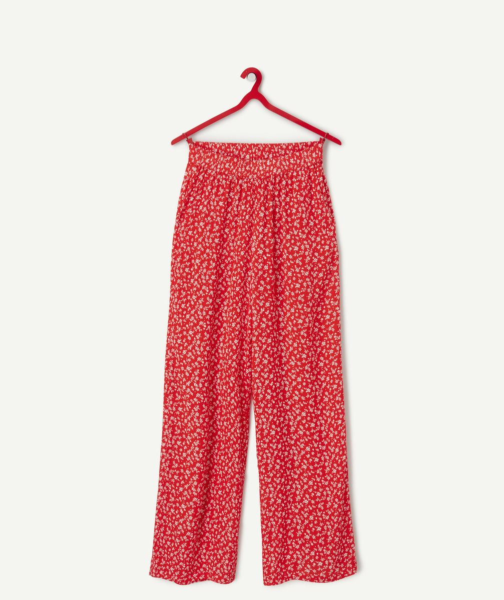 pantalon large fille en viscose responsable rouge imprimé à fleurs