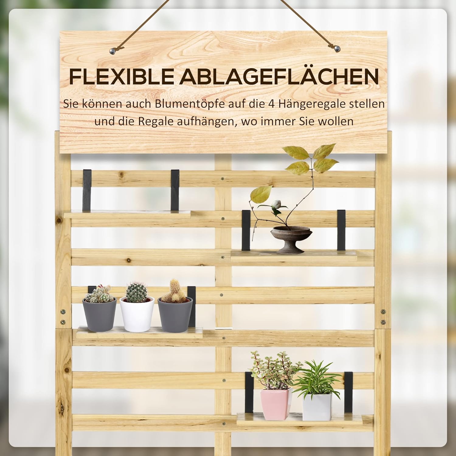 Outsunny Aufbewahrungsbox, Aufbewahrungstruhe mit Rankhilfe, Auflagenbox mit Ablagen, Gartentruhe, Kissenbox, Massivholz, Natur, 80 x 45 x 160 cm
