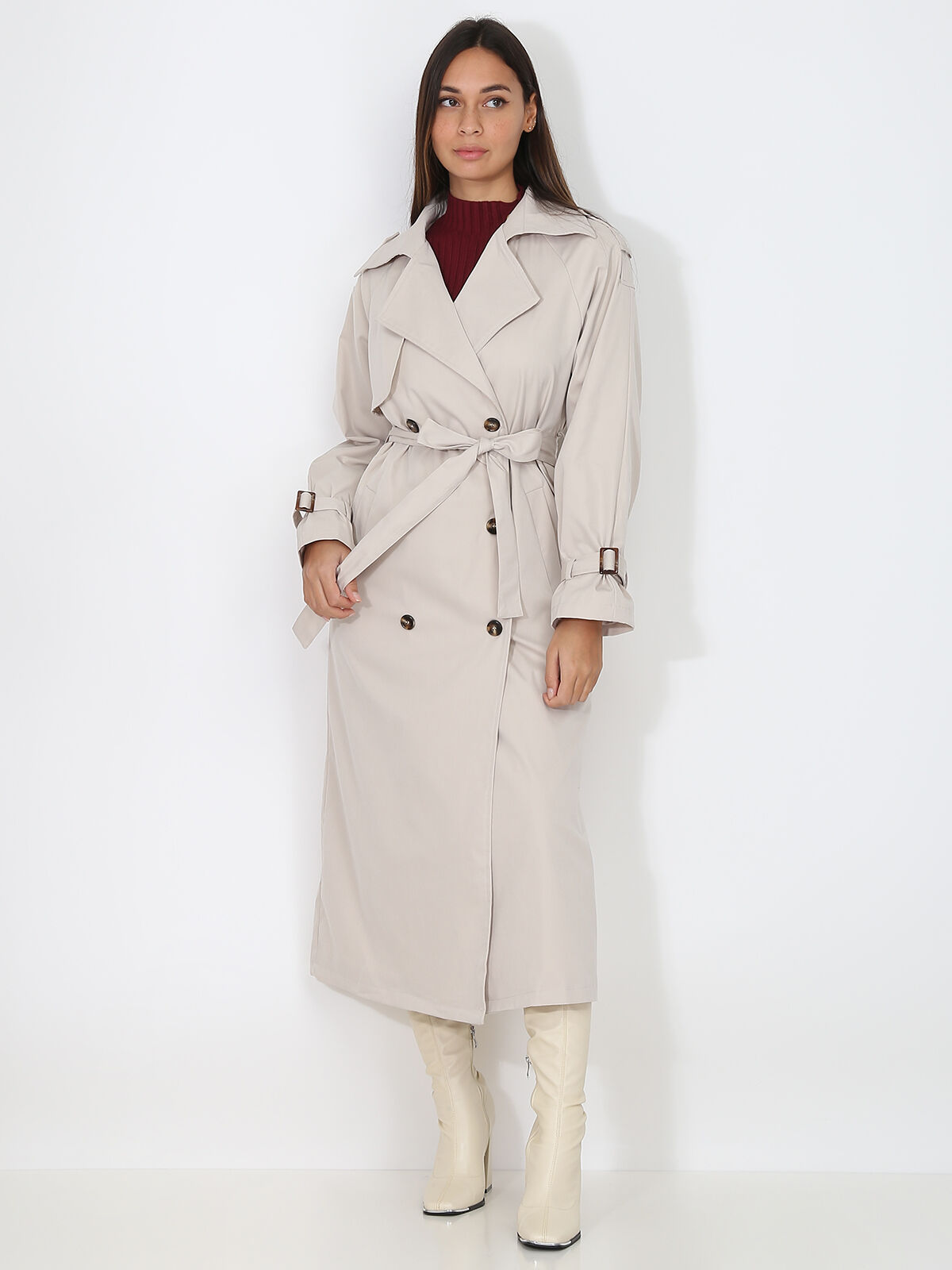 Trench long à ceinture nouée- Beige