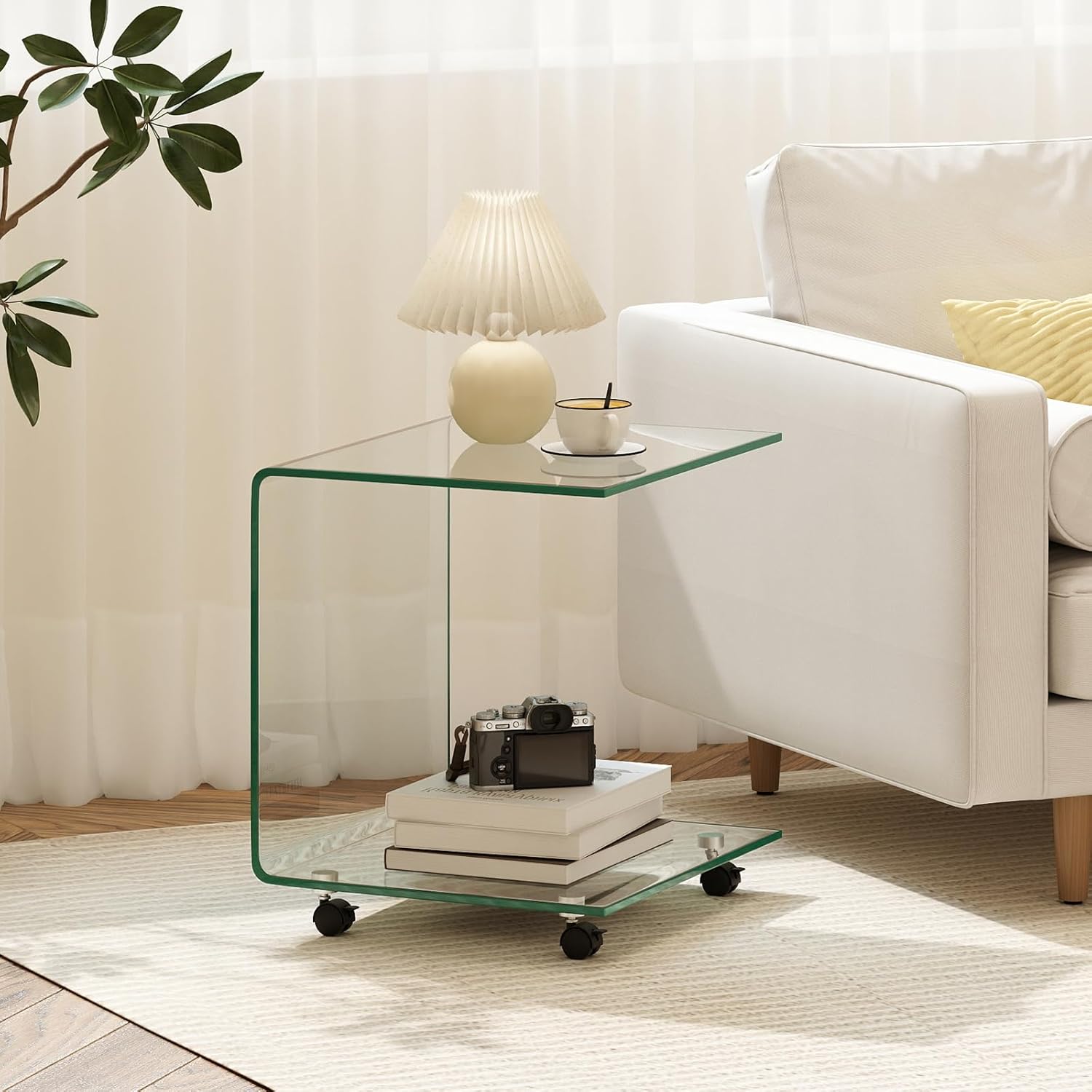 COSTWAY Beistelltisch aus gehärtetem Glas mit Rollen, Glastisch C-Form, Nachttisch, Sofatisch, Kaffeetisch für Wohnzimmer, Schlafzimmer, 45 x 40 x 48 cm (Transparent)