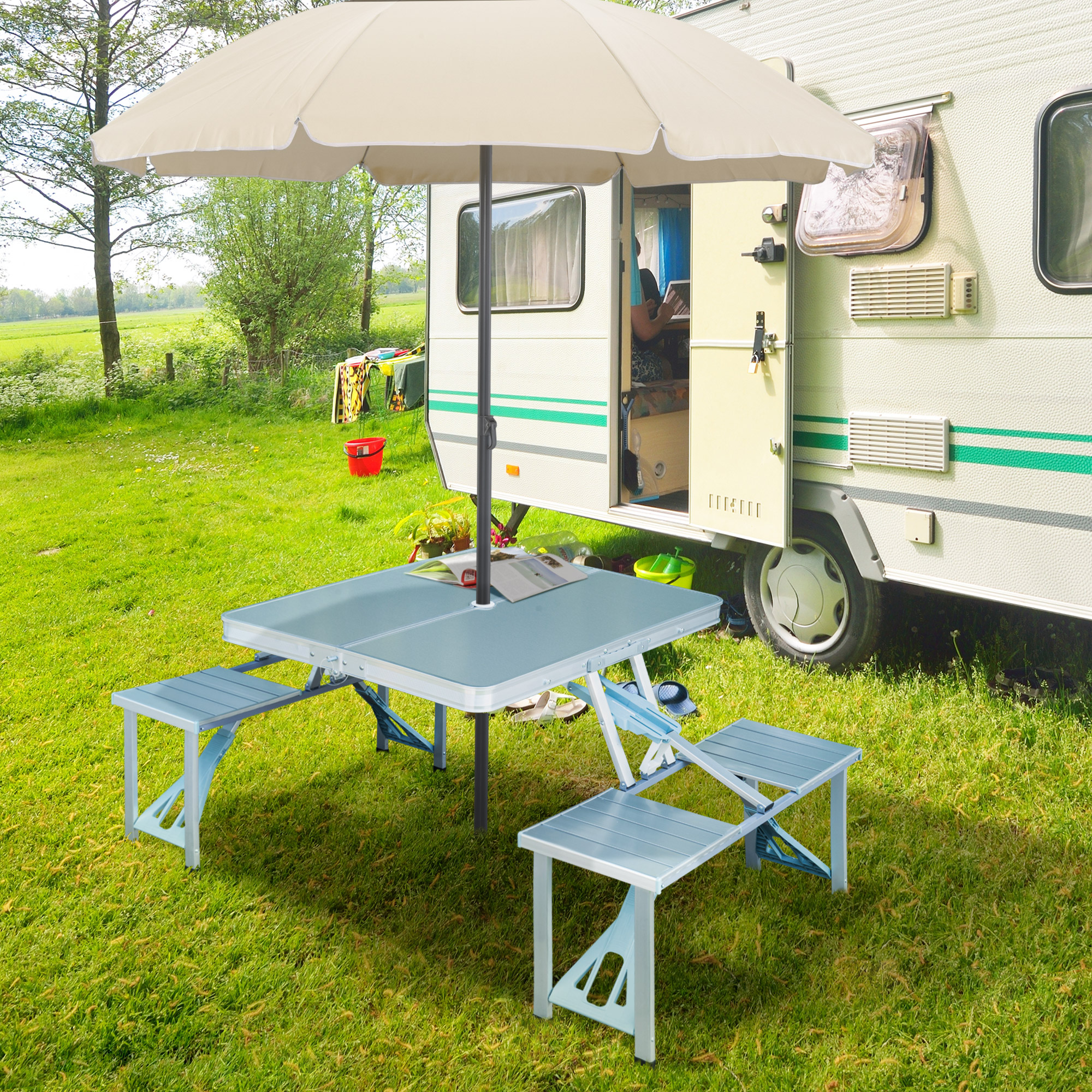 Mesa dobrável portátil Outsunny para camping, com 4 assentos e orifício para guarda-sol.