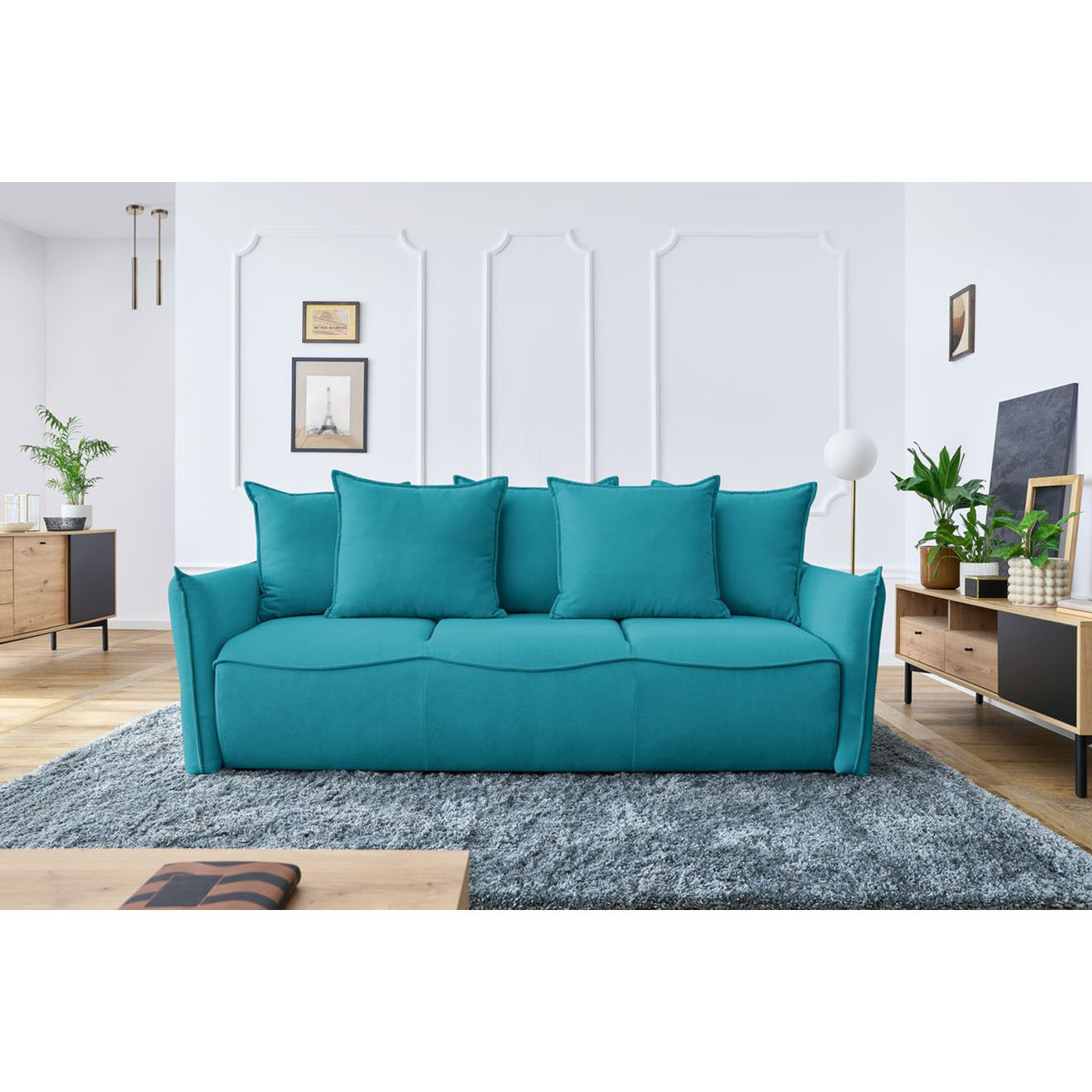 Bobochic Canapé 3 places convertible coffre Bouclette Leon bleu foncé - 226x97x90 cm
