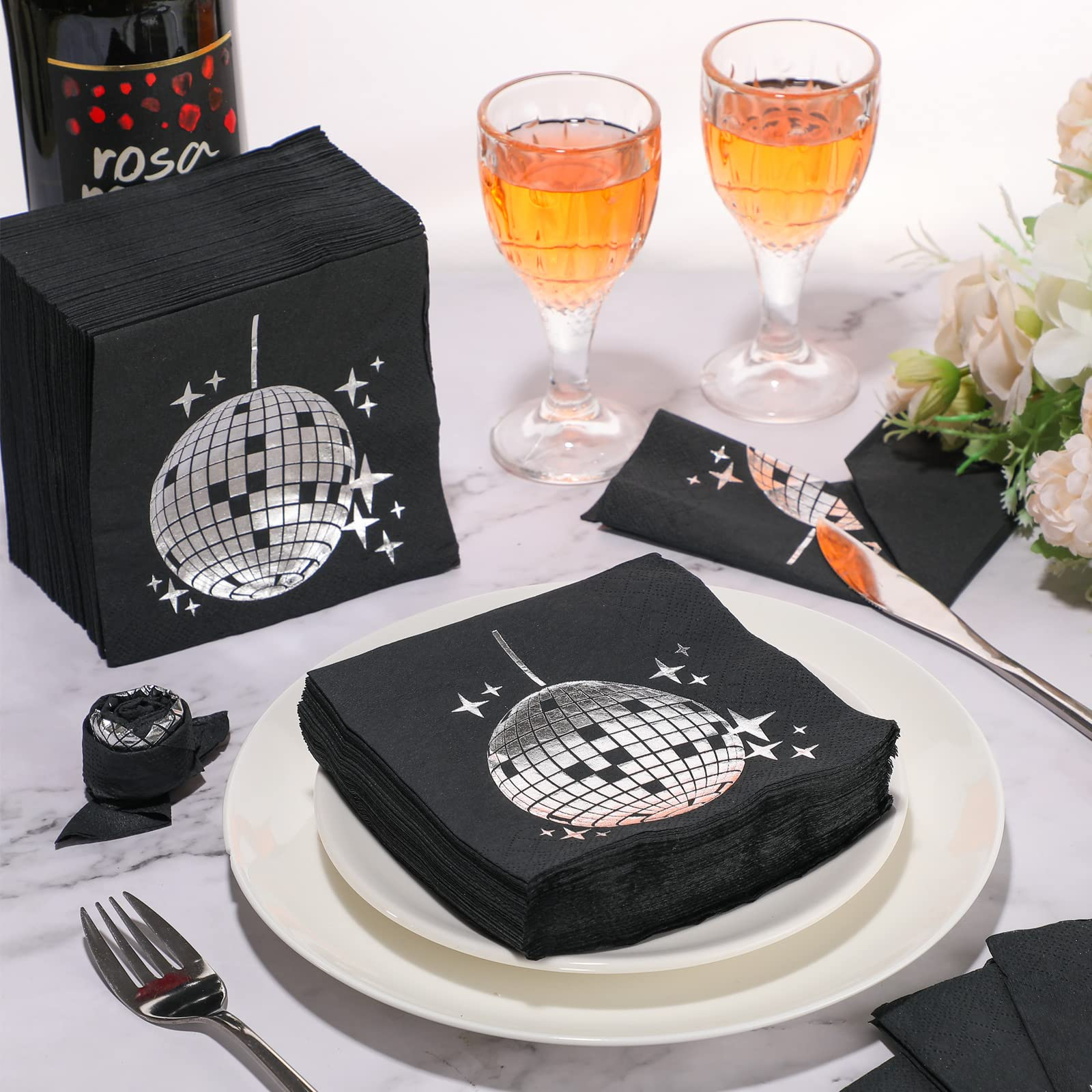 (100er Set) 33x33cm Einweg Servietten Party Tisch Dekoration Discokugel Design - Schwarz / Silber