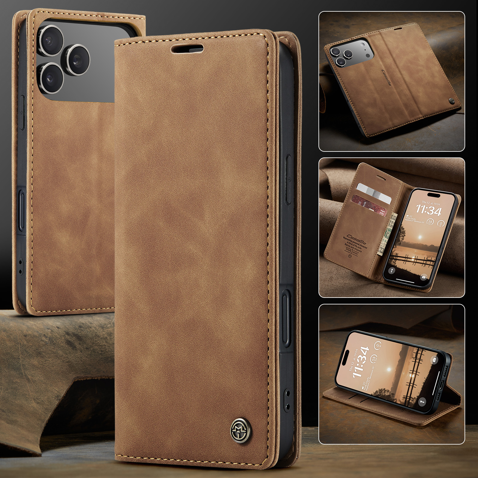 iPhone 17 Pro Leder Tasche Flip Wallet Etui mit Kartenfächern - Hellbraun