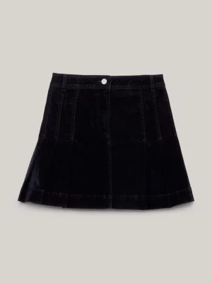 Minissaia evasê plissada em veludo jeans