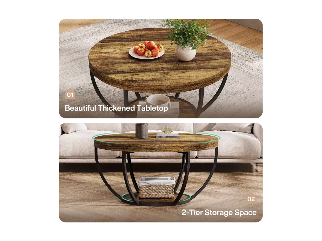 Table basse ronde industrielle à 2 niveaux avec étagères de rangement, table centrale moderne en bois de 80 cm