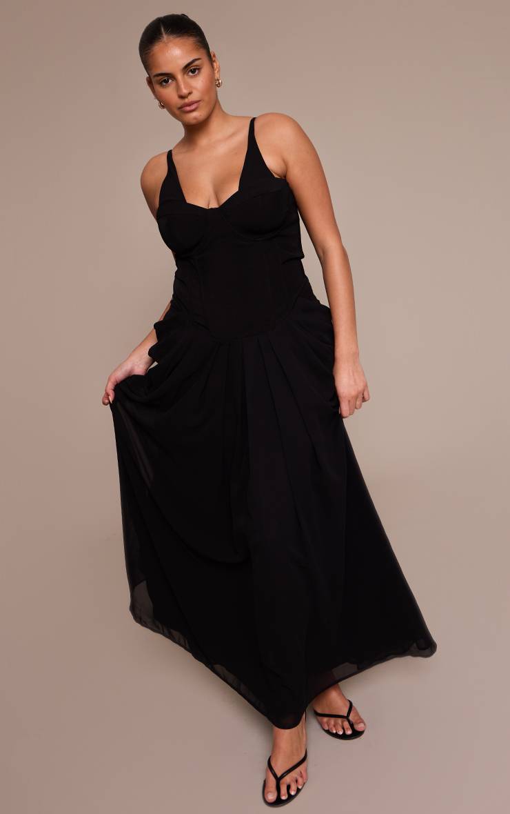 Noir Robe Midi Corset Grande Taille Avec Détails Drapés En Mousseline