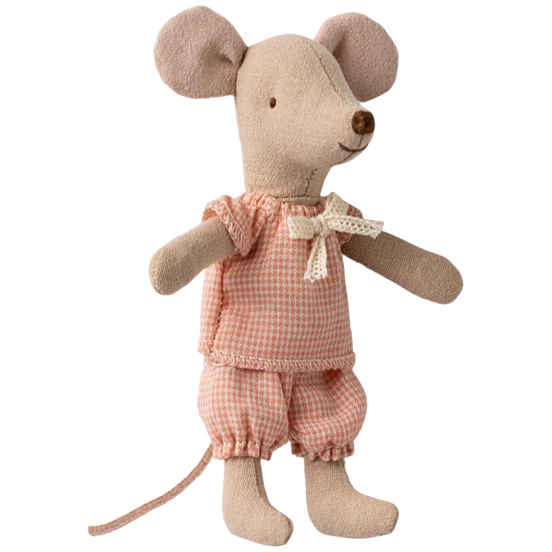 maileg knuffelmuis kleine zus in luciferdoosje - roze pyjama - 11 cm