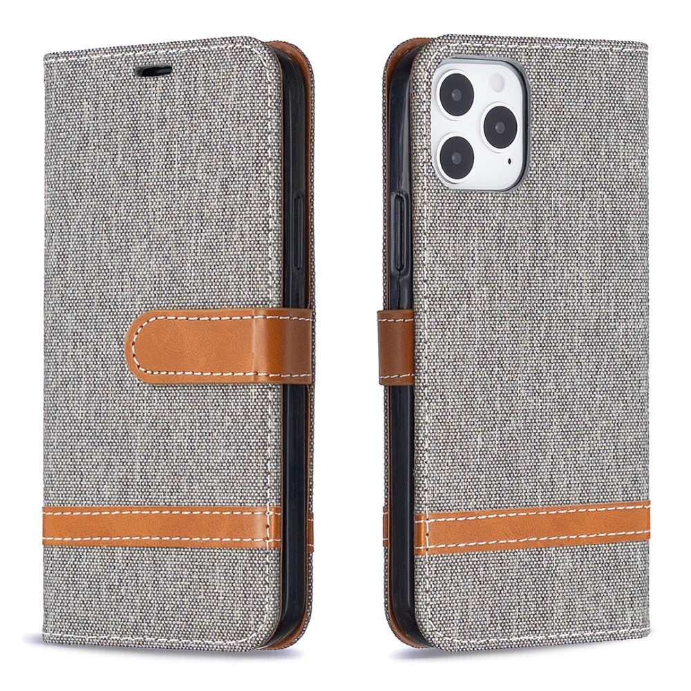 iPhone 12 / iPhone 12 Pro Stoff Tasche im Jeans Look mit Kartenfach   Magnetverschluss - Grau / Braun