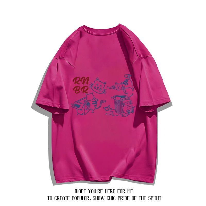 Bay Go Mall - T-shirt met ronde hals en kattenprint, met elleboogmouwen